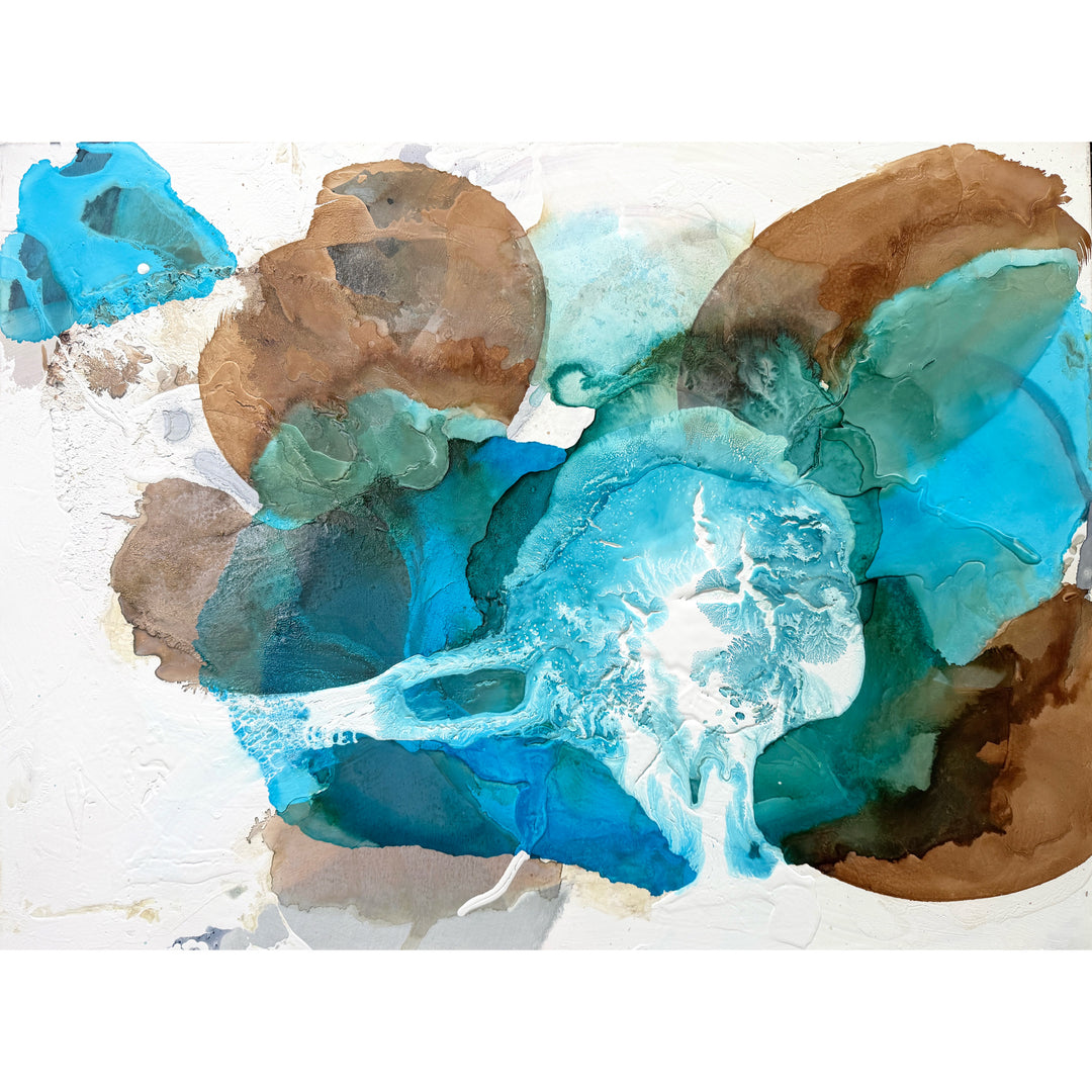 Surf, an acrylic, watercolor, graphite and ink painting on canvas by Liz Barber, featuring abstract teal, blue, and brown mixed-media forms