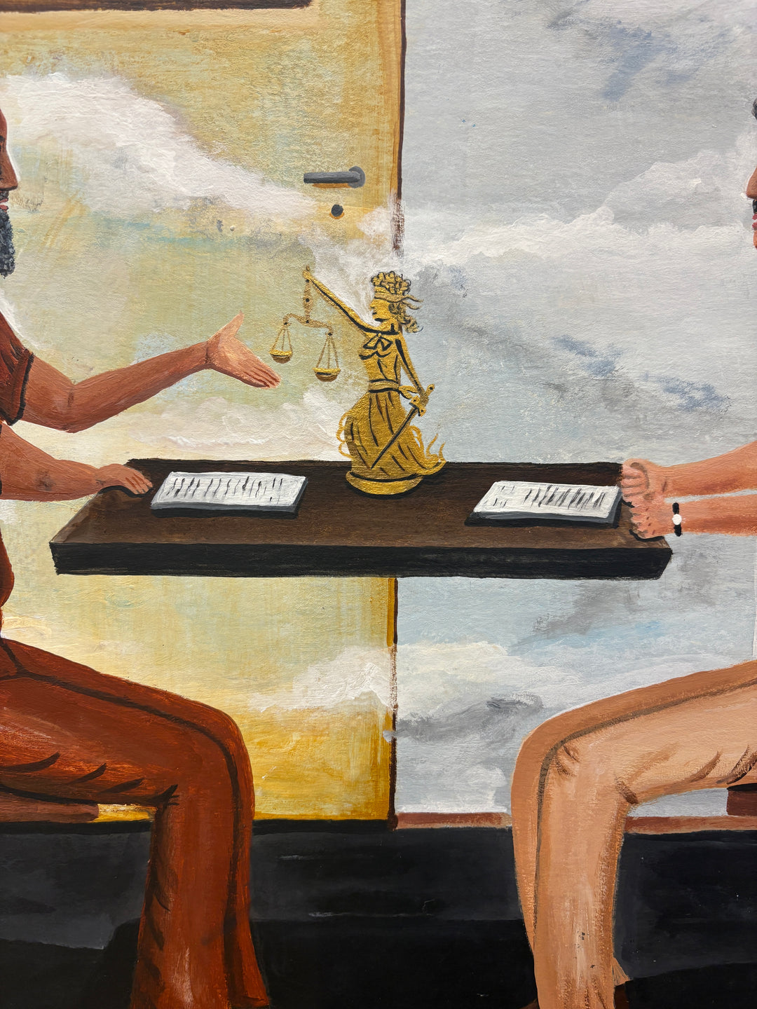 two figures men prisoner judicial lawyers moon day painting in acrylic time waiting surrealism