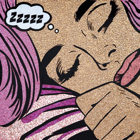 close up woman sleeping pink hair pink sheets and sleeping thought bubble in stained glass comic retro style print