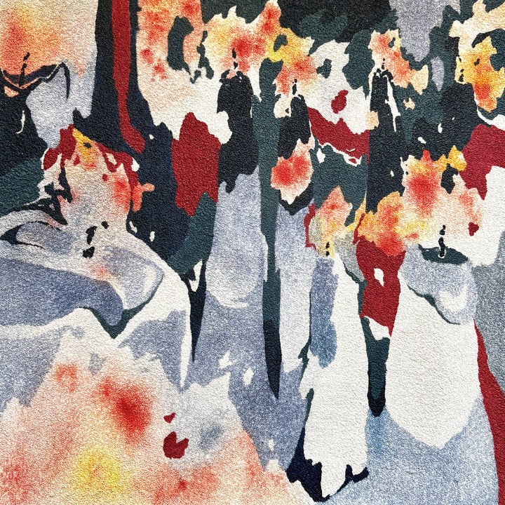 overabundance of lit flame candles taper sticks burning in blue red orange and yellow organic shapes negative space textured surface pumice and oil