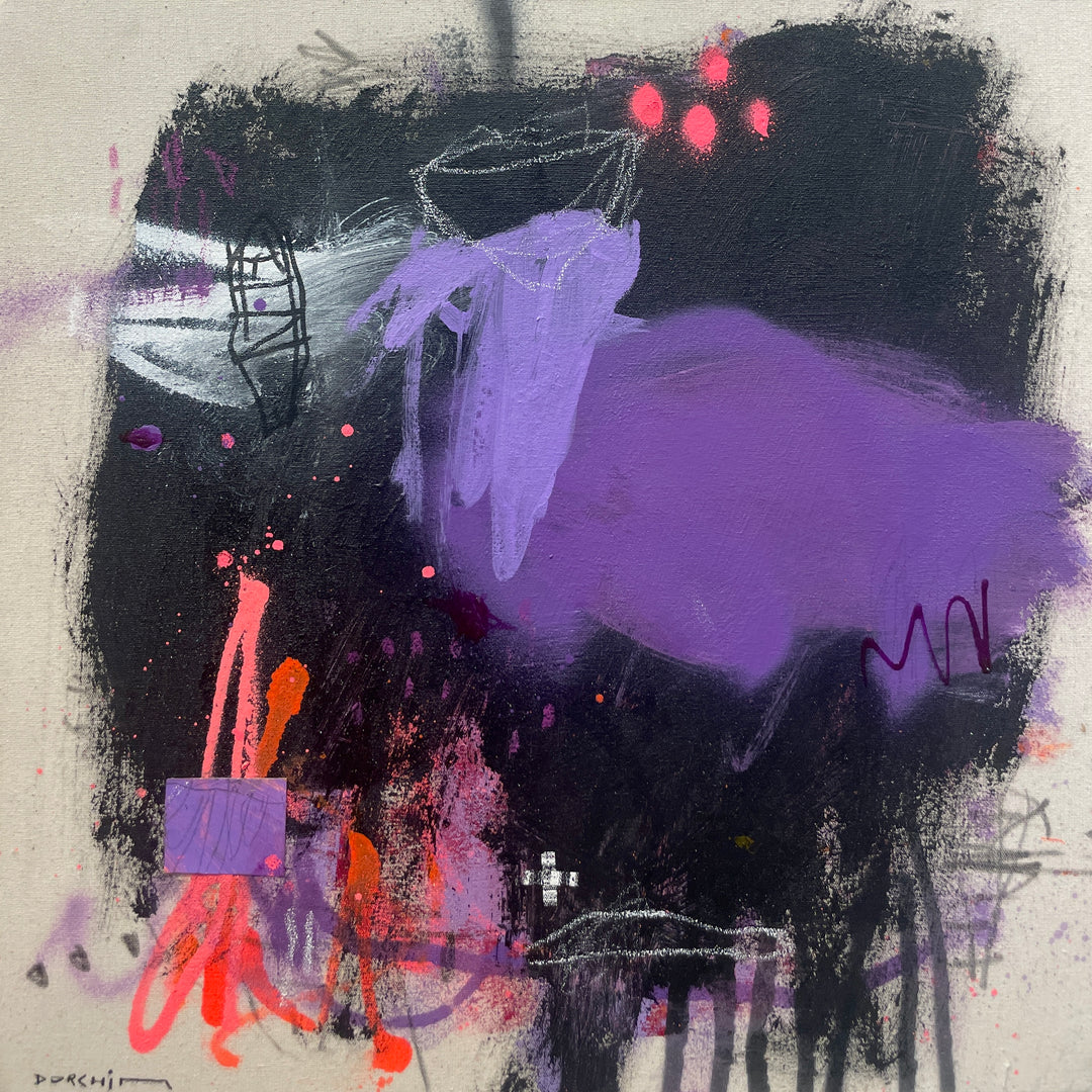 abstract expressionist gestural paitning in black red purple pink with scribble doodle