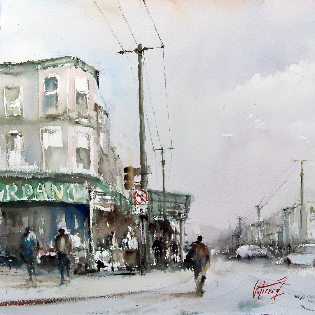 street corner of south Philadelphia in Italian Market with street lamp and telephone wires street signs  and people walking in washy watercolor 