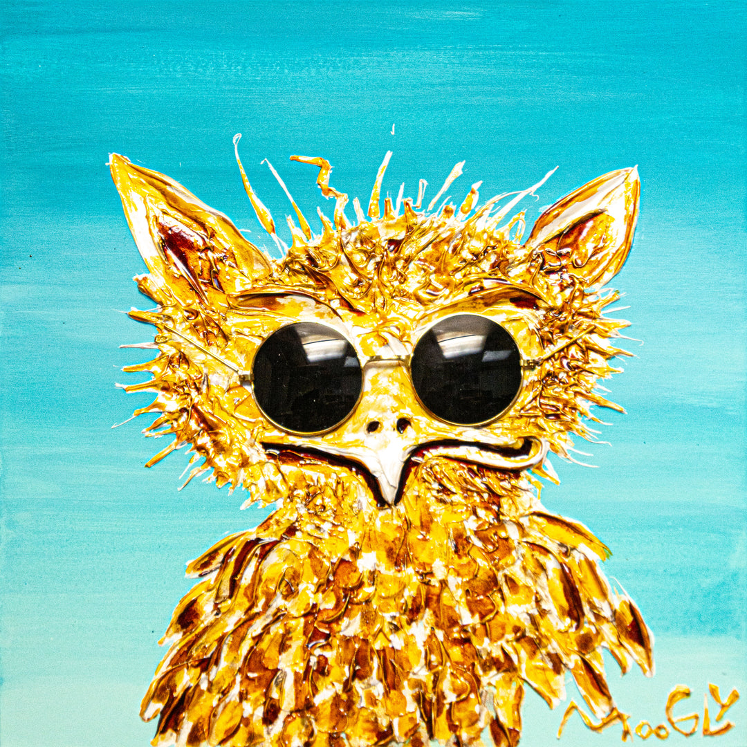expressionistic textured owl with collage sunglasses in yellow on blue background