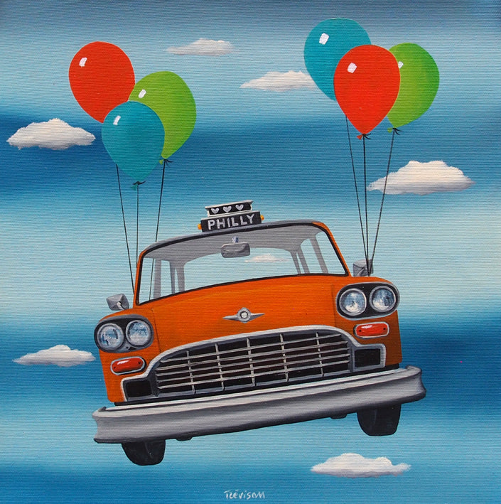"Taxi" by Italian artist Carlo Trevisan — a surrealist oil painting on canvas depicting a vintage orange Philadelphia taxi cab floating through a blue sky, lifted by six colorful balloons in red, green, and teal. The cab's rooftop sign reads "Philly," grounding this whimsical, joyful composition in Philadelphia. Original contemporary surrealist Philadelphia pop art painting on canvas available at Morton Contemporary gallery.