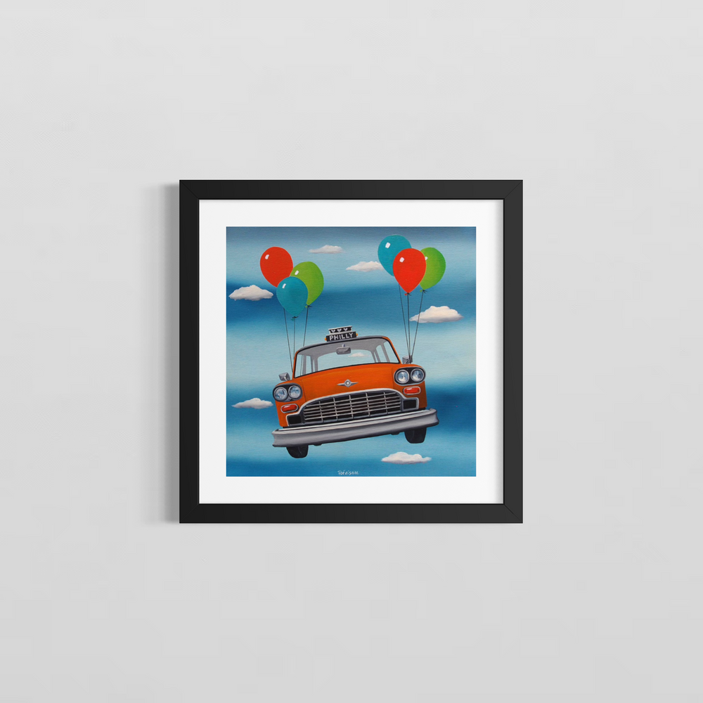 "Taxi" by Italian artist Carlo Trevisan — a surrealist oil painting on canvas depicting a vintage orange Philadelphia taxi cab floating through a blue sky, lifted by six colorful balloons in red, green, and teal. The cab's rooftop sign reads "Philly," grounding this whimsical, joyful composition in Philadelphia. Original contemporary surrealist Philadelphia pop art painting on canvas available at Morton Contemporary gallery.