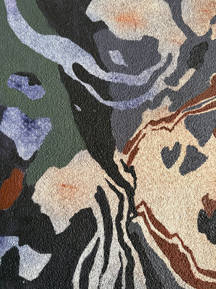 Organic pumice primed canvas painting in oil natural shapes textures abstracted negative space line weight gradient of color blues greens and browns 