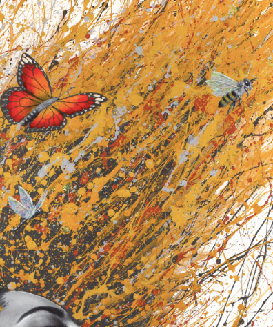 figurative portrait woman flipping hair black and white with range splatter paint hair expressionism with orange flowers and butterflies on white background