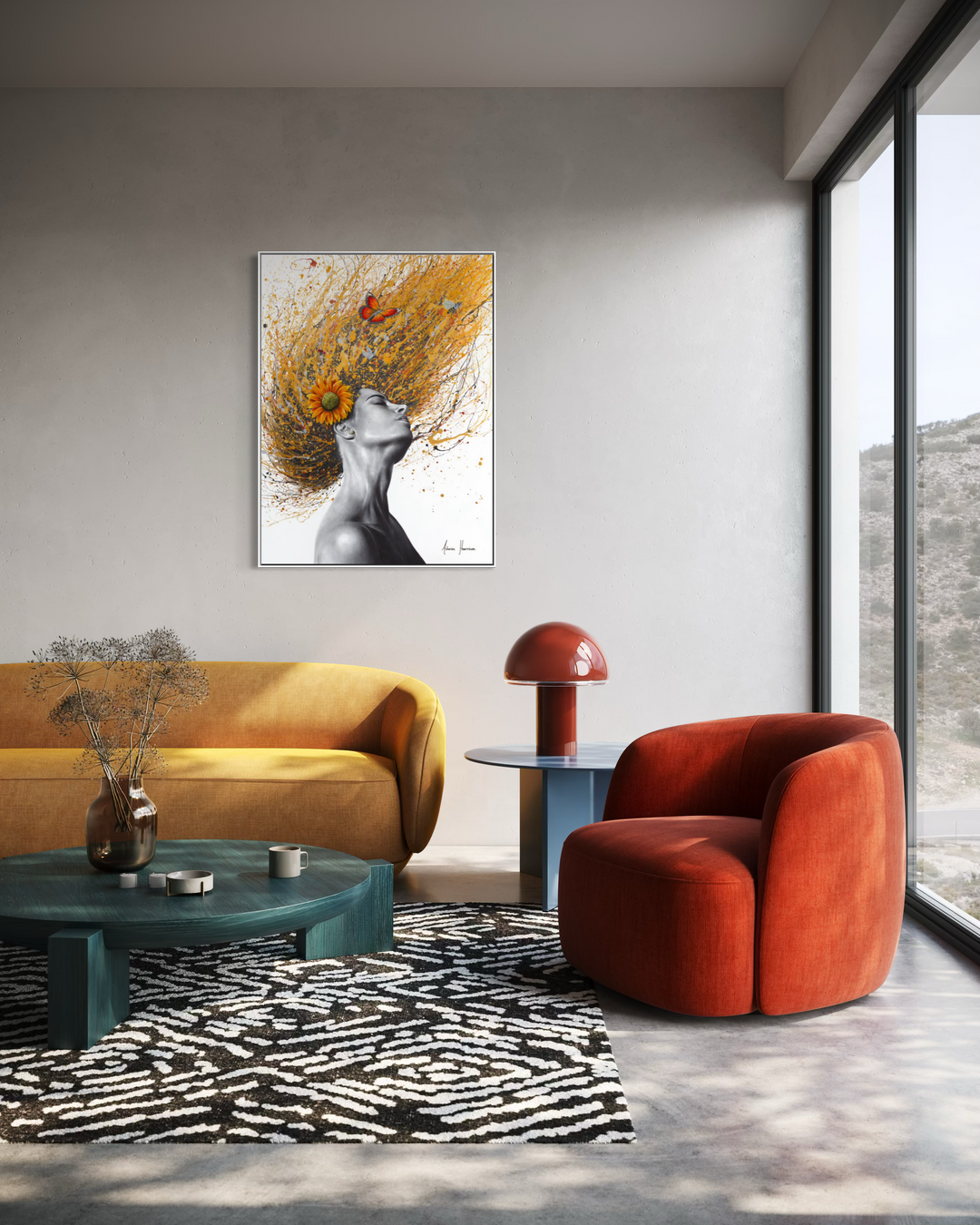figurative portrait woman flipping hair black and white with range splatter paint hair expressionism with orange flowers and butterflies on white background