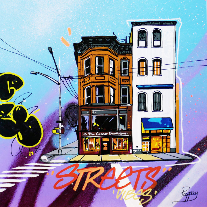 corner bookstore illustration on spray paint blue and purple background and graffiti 