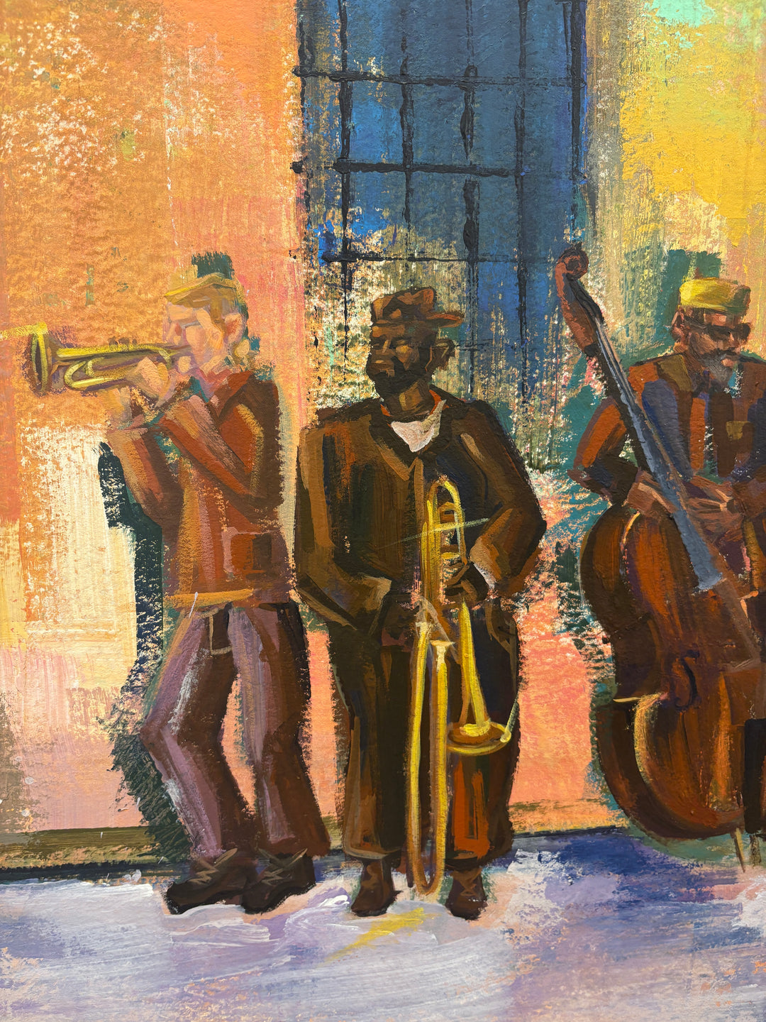 expressionist painting in orange and green with group of prisoner men playing instruments mixed media collage by keith andrews