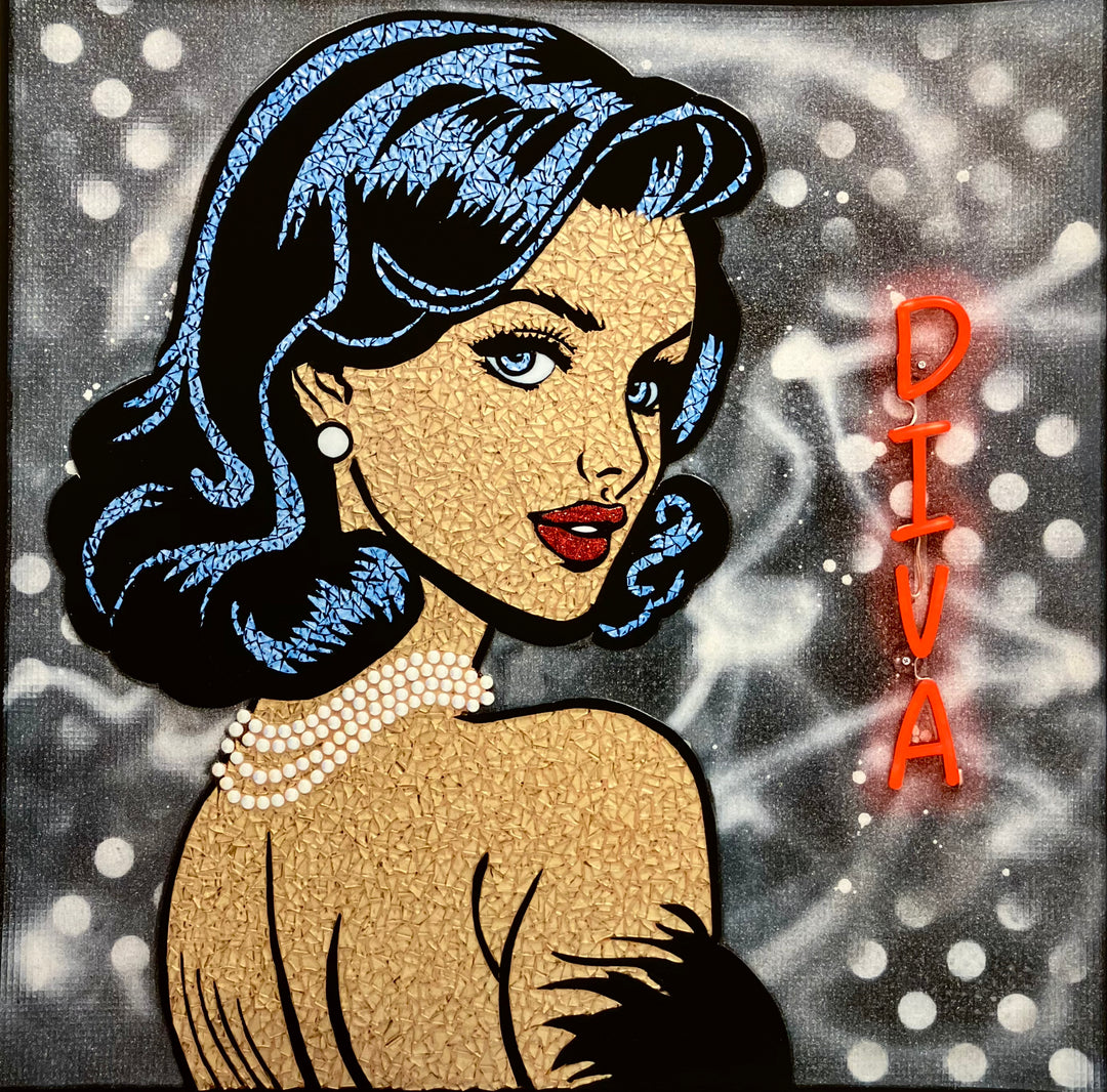Female portrait comic style stained glass collage elegant pearls and black dress on spray painted background with neon red diva sign hand embellished with glitter