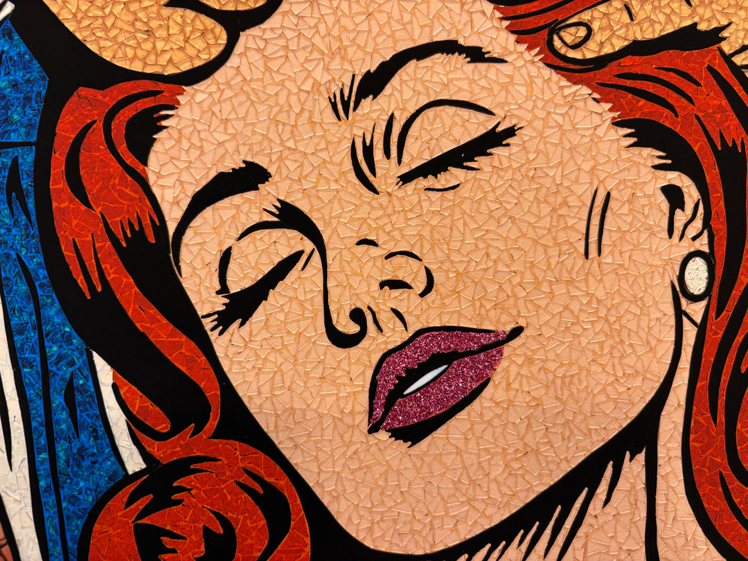 limited edition stain glass mosaic giclee print hand embellished with glitter  text bubble comic style retro vintage woman with red hair sad leaning into male figure with blue hair caress on green background