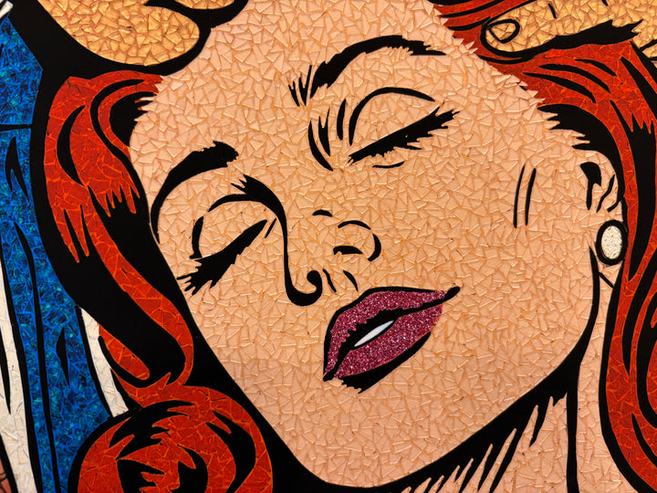 limited edition stain glass mosaic giclee print hand embellished with glitter  text bubble comic style retro vintage woman with red hair sad leaning into male figure with blue hair caress on green background