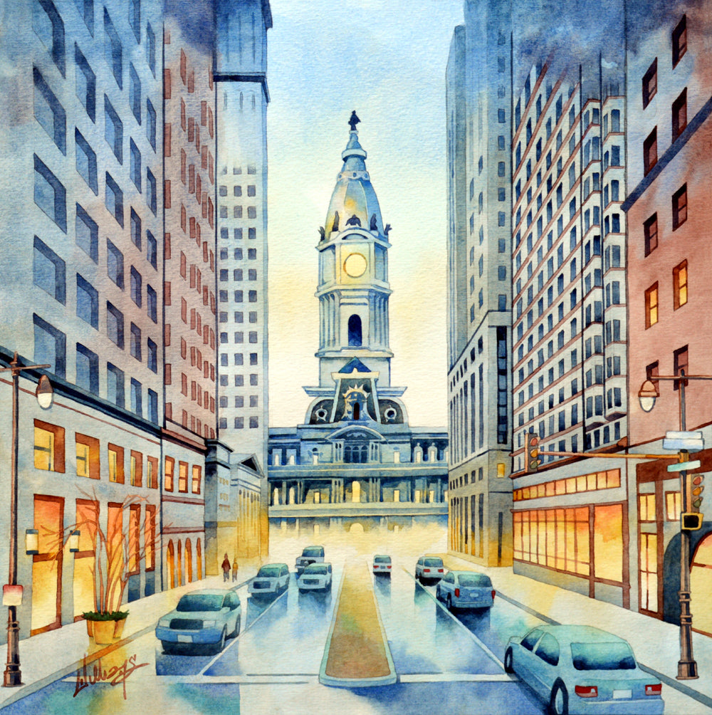 Philadelphia city hall watercolor painting broad street urban cityscape landscape architecture cars in light blue and orange smooth gradient colors