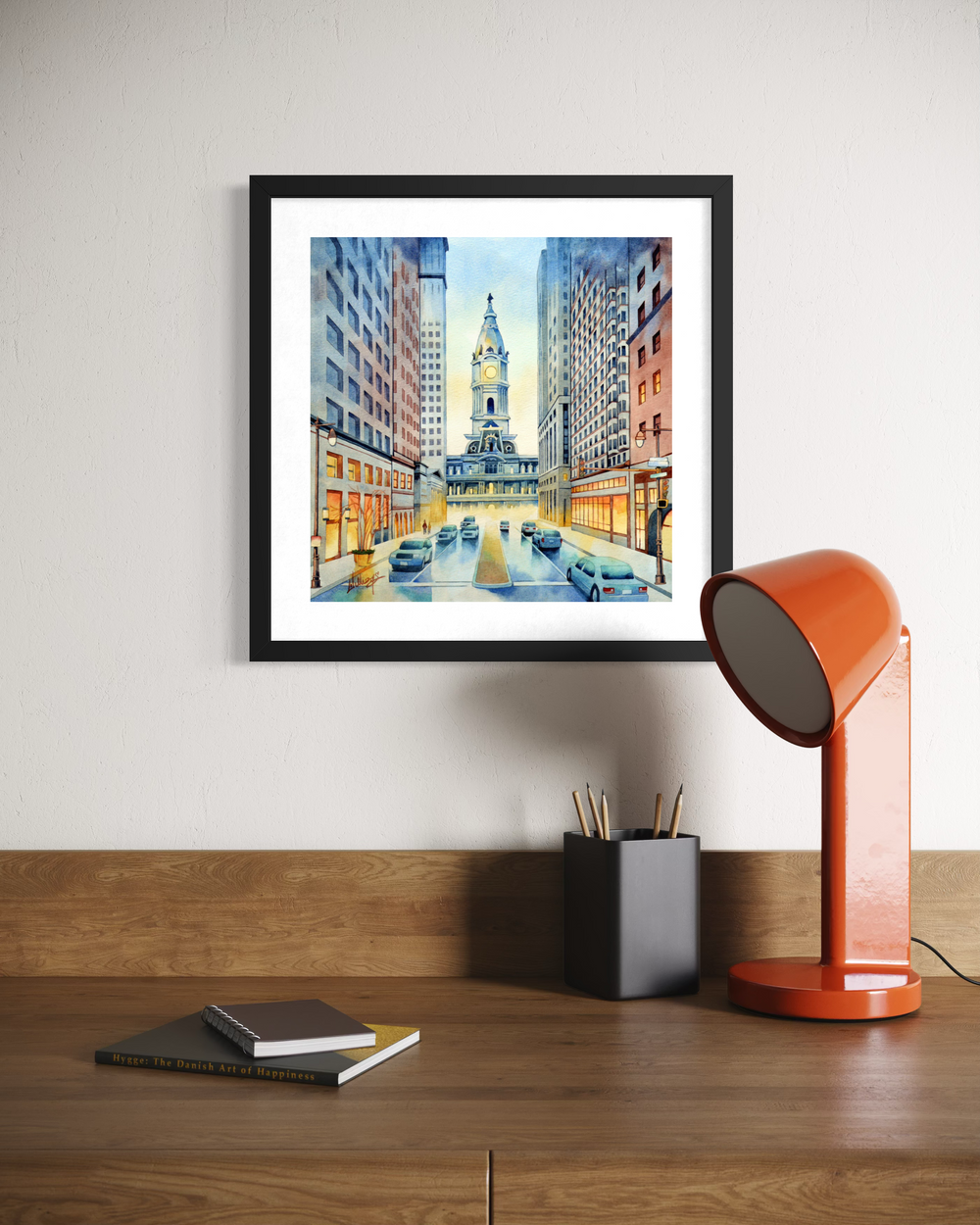 Philadelphia city hall watercolor painting broad street urban cityscape landscape architecture cars in light blue and orange smooth gradient colors