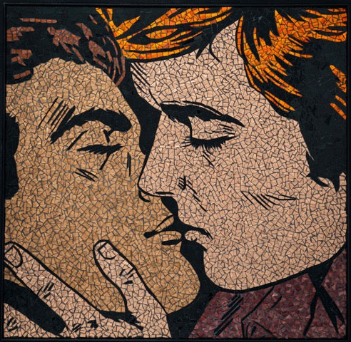 close up of two men kissing and holding another's cheek, with orange and brown stained glass mosaic in comic style 