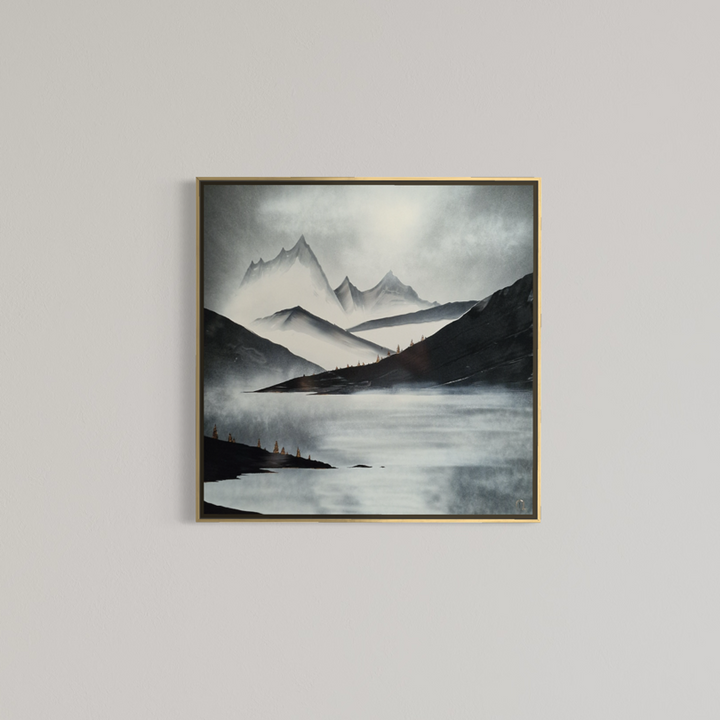 Julien Rey, The Nature, lacquer and gold leaf on board, 31 x 31 inches, framed in a thin gold frame and displayed on a plain wall.