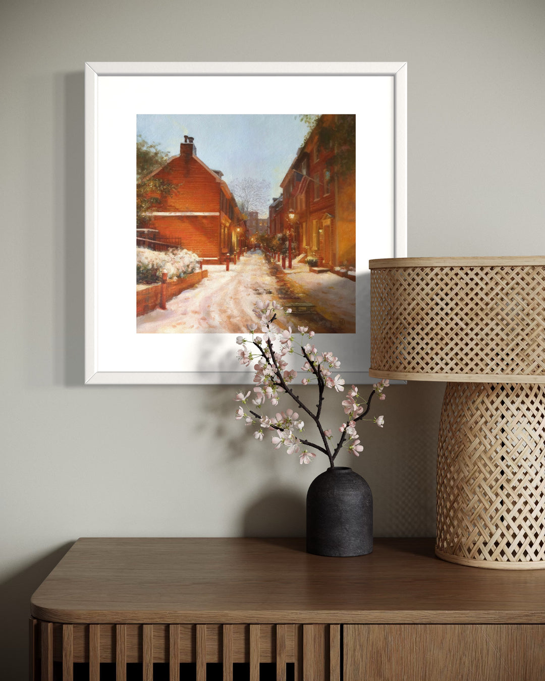 Golden glowing homes at night alley way with snow and light posts nature building home landscape in oil paint