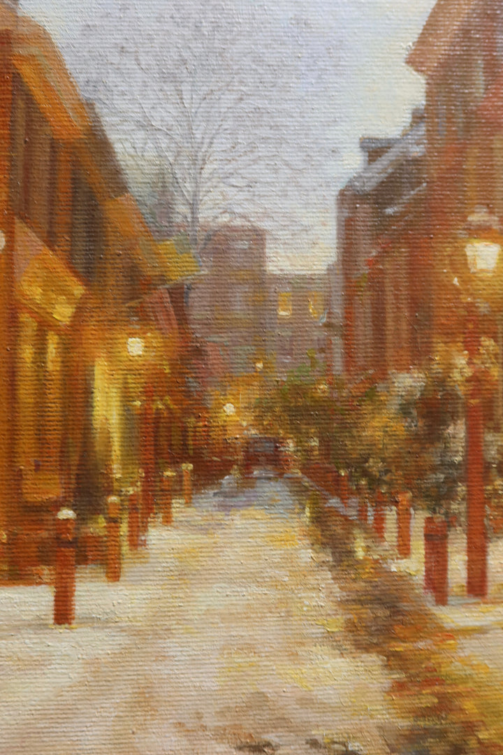 Golden glowing homes at night alley way with snow and light posts nature building home landscape in oil paint