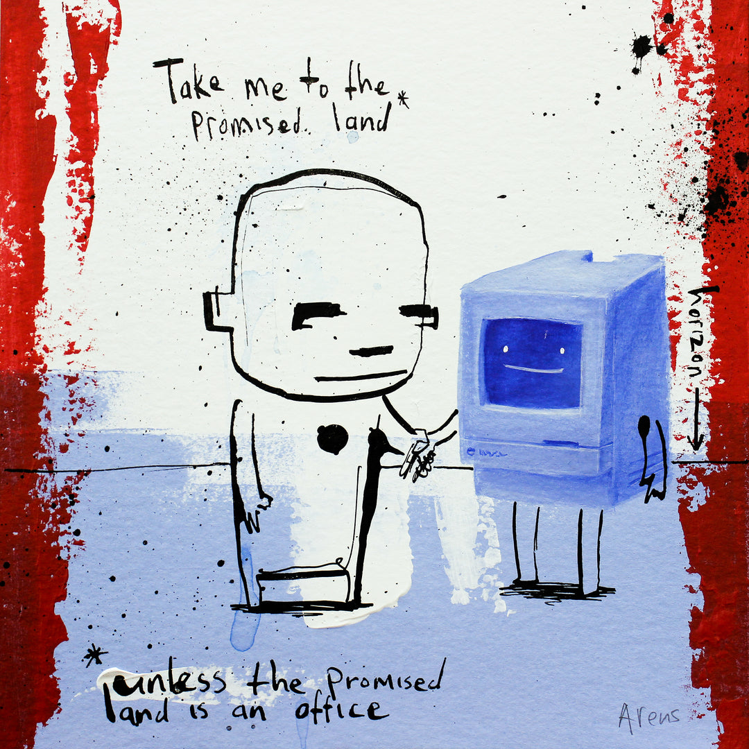 doodle figure in black ink holding hands with computer figure on blue ground, red expressive paint marks, and satirical text language