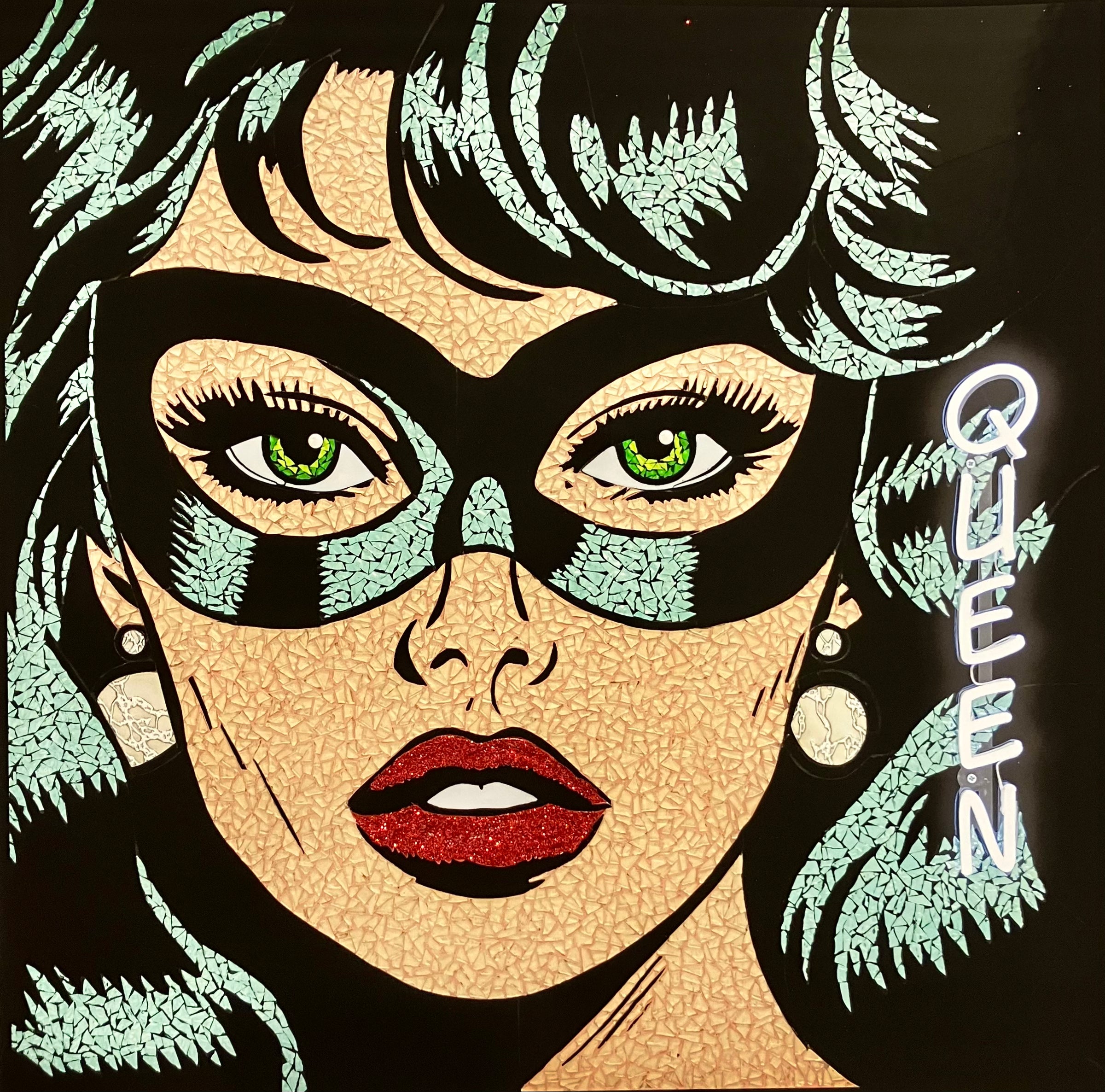up close female portrait figurative stained glass mosaic hand embellished print woman with black and green hair wearing mask and glitter red lips neon sign queen in white