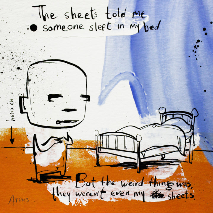 doodle figure in ink with bed drawing, orange acrylic ground and blue fabric in background on white back, text humor satire jan hein arens