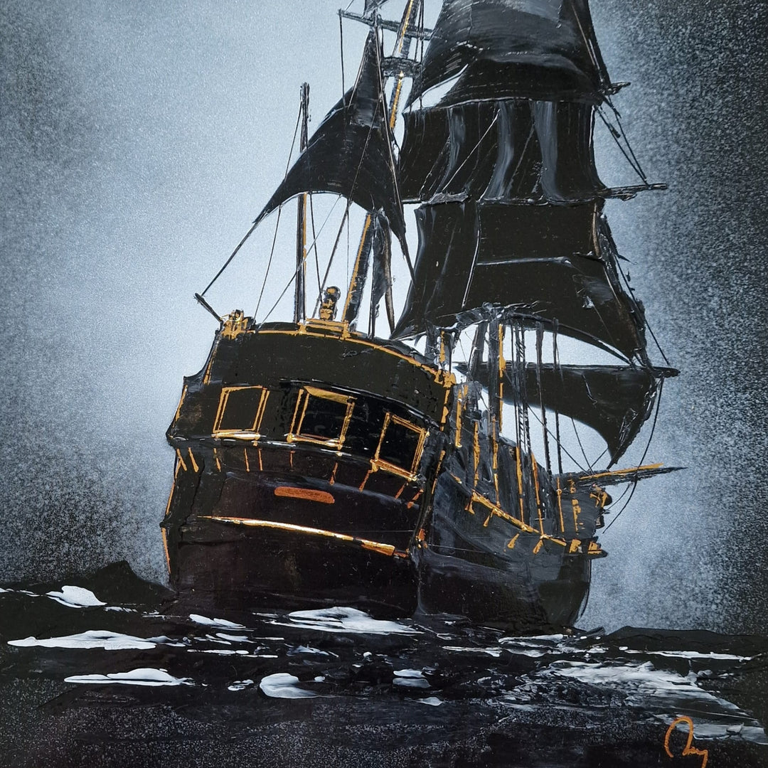 Dark wooden ship on the ocean in black and white. Chinese lacquer and gold leaf painting created by artist Julien Rey in 2026. 