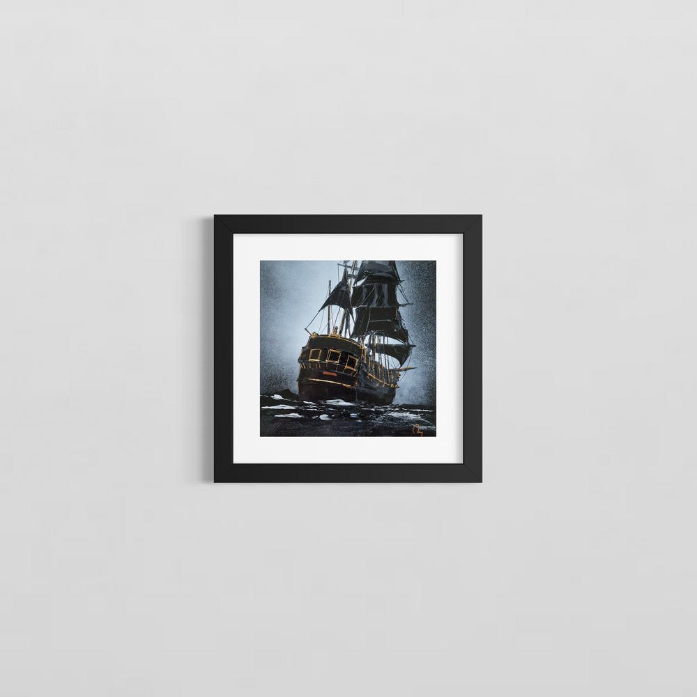 Dark wooden ship on the ocean in black and white. Chinese lacquer and gold leaf painting created by artist Julien Rey in 2026. 