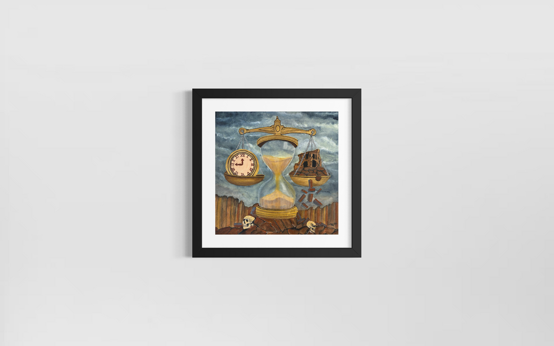 hour glass scale with clock and bricks skulls dark moody acrylic painting in blues and browns