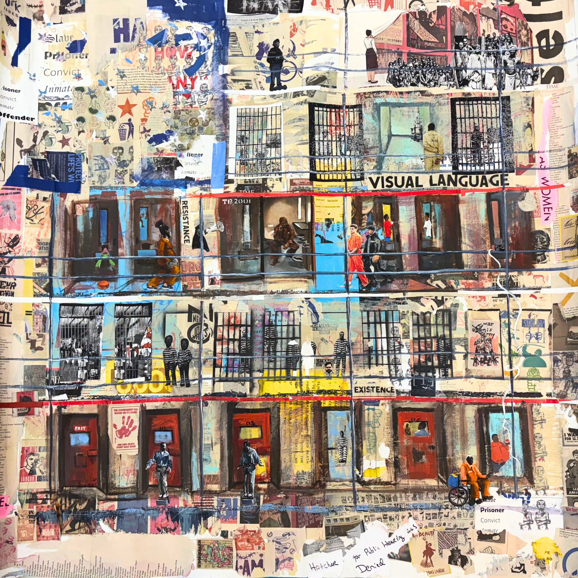 magazine paper clipping collage cell block prison mixed media collage textured painting by kieth andrews