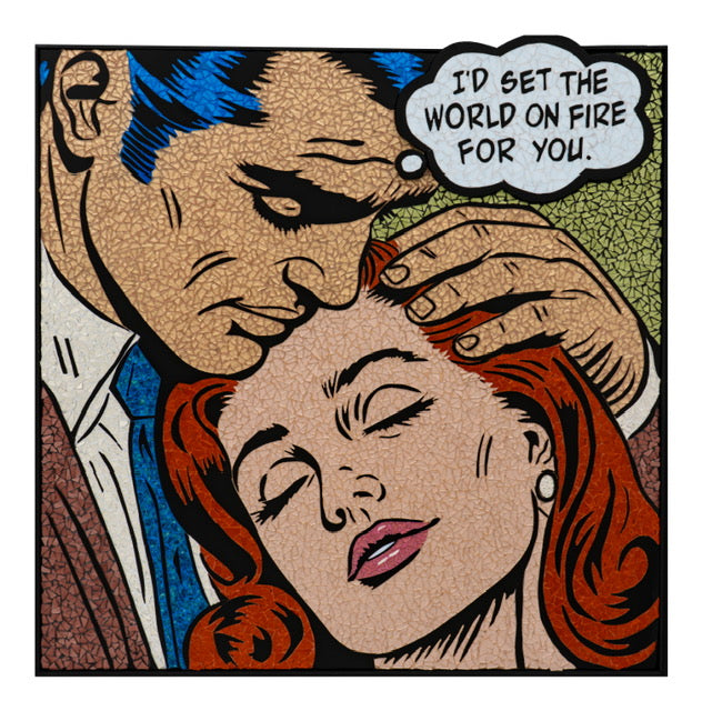 limited edition stain glass mosaic giclee print hand embellished with glitter  text bubble comic style retro vintage woman with red hair sad leaning into male figure with blue hair caress on green background