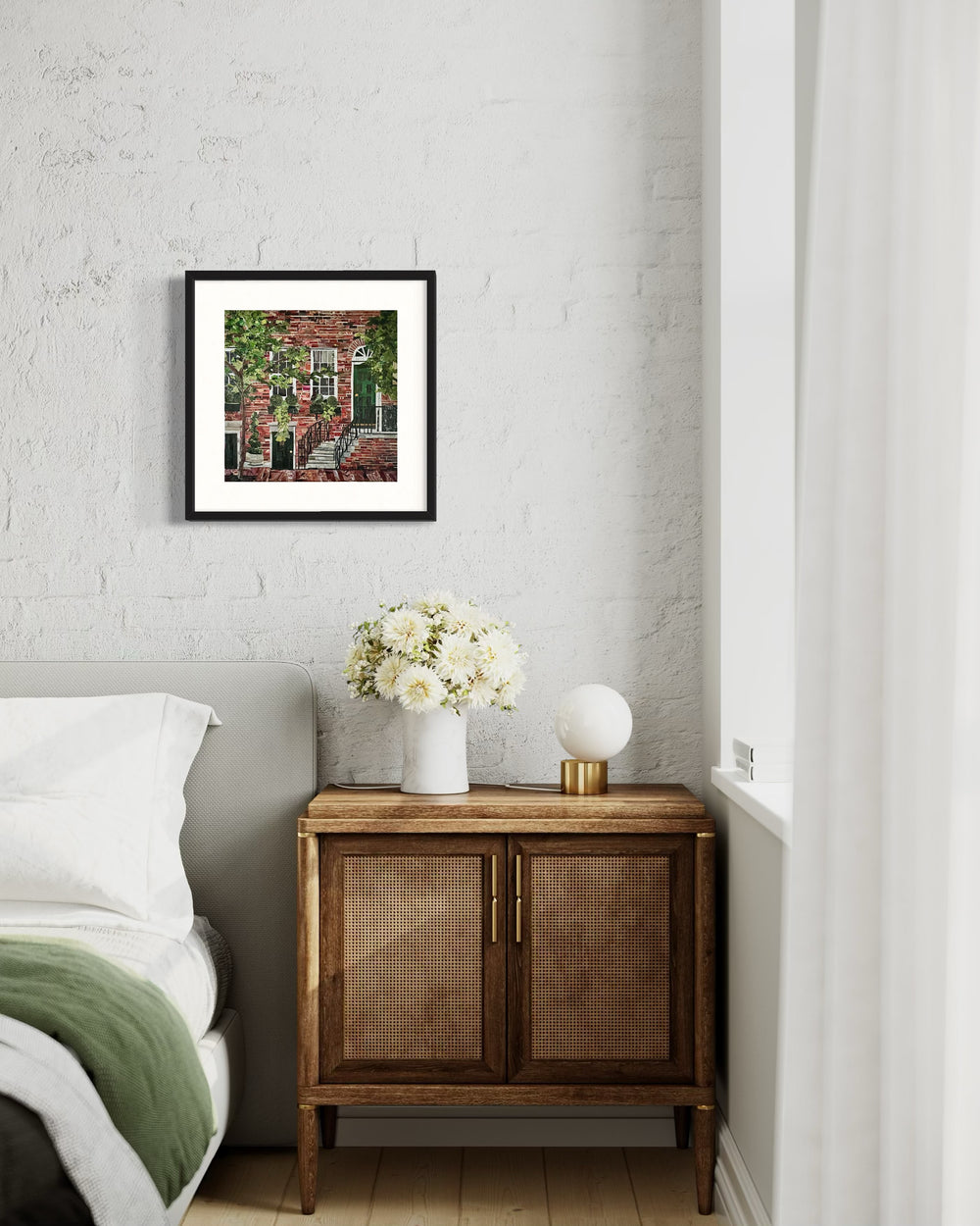 14 x 14" original artwork in a 17" white window matting collage of a red brick home on a Philly street. 