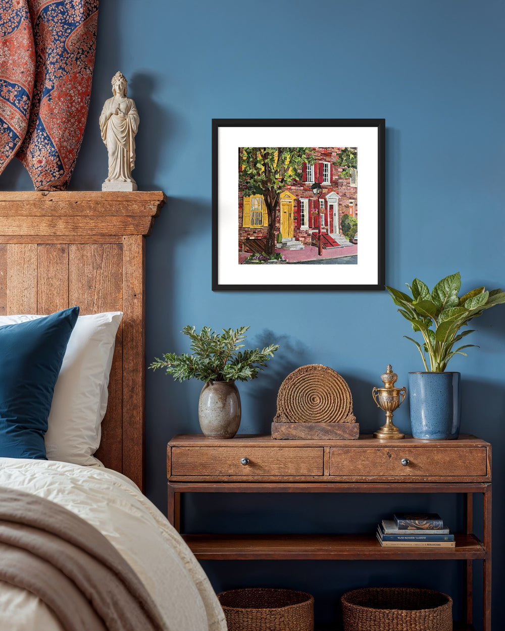 14 x 14" original artwork in a 17" white window matting collage of red brick houses on a Philly city street. 