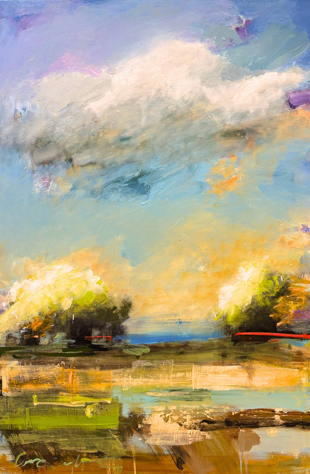 abstract expressionist landscape in natural colors blues greens and yellows clouds and red line