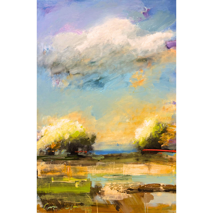 abstract expressionist landscape in natural colors blues greens and yellows clouds and red line