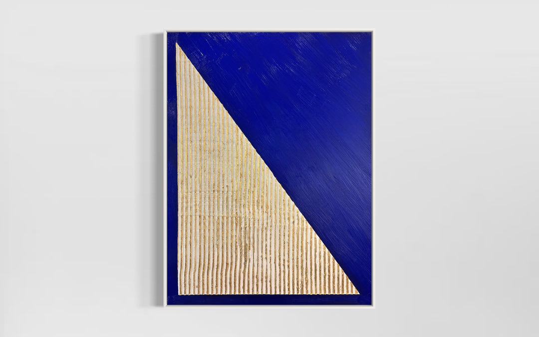 minimal geometric abstract sculptural work with joint compound texture dimension white rigid triangle with gold leaf detail on blue background