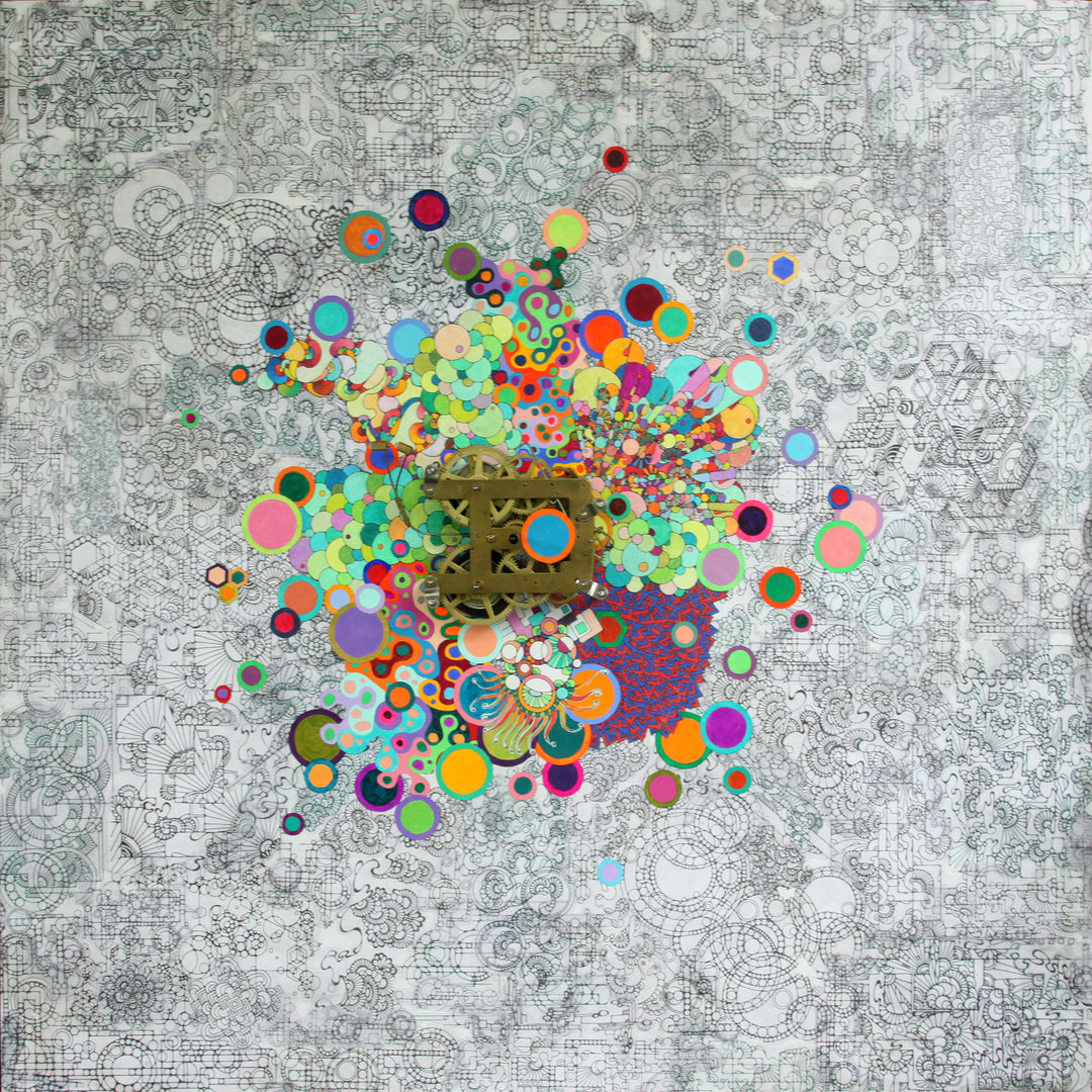 rainbow dot circles overlapping in center with gears turning metal machine in middle with black and white doodle detailed drawing geometric background
