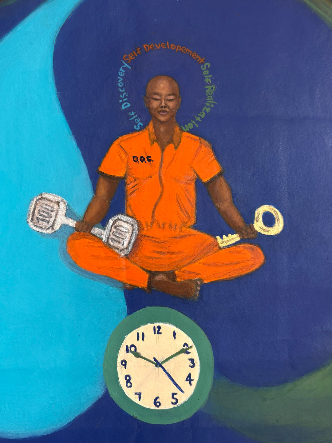 prisoner figure in orange blue and white circles with text and clock on textured wood grain background mixed media 