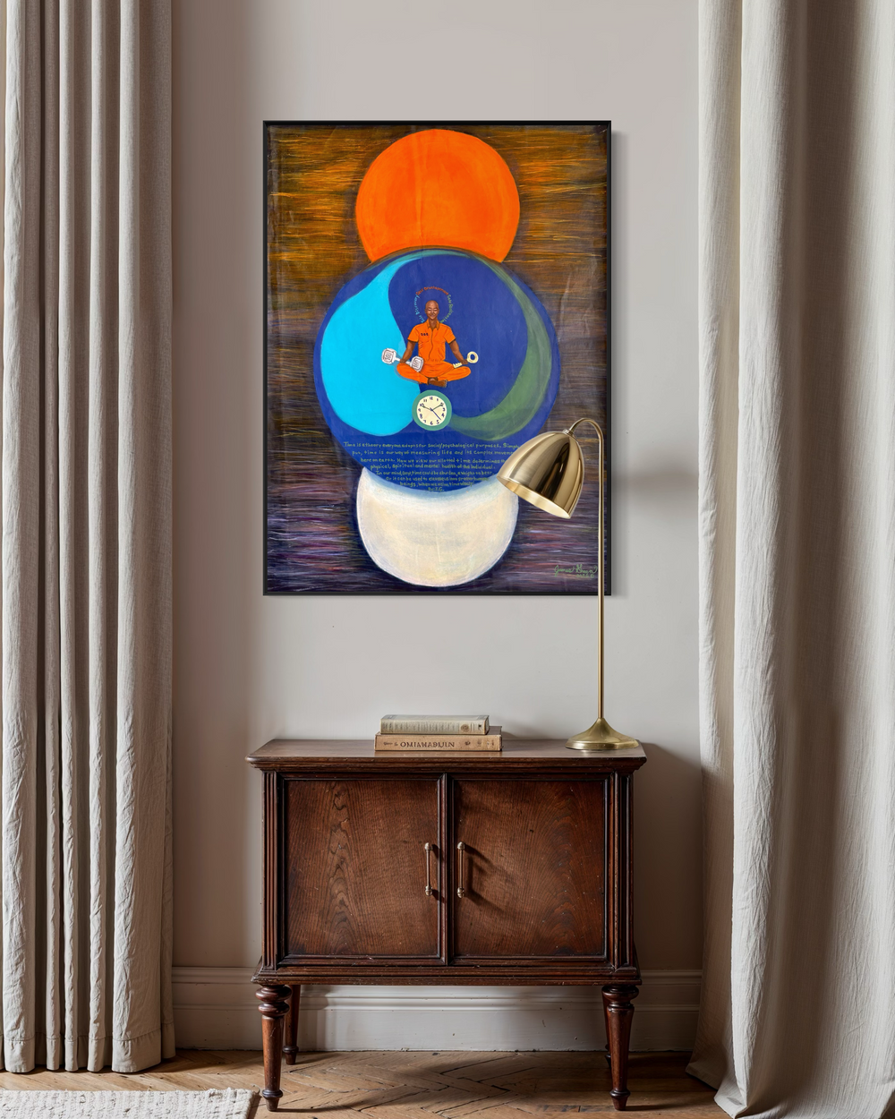 prisoner figure in orange blue and white circles with text and clock on textured wood grain background mixed media 
