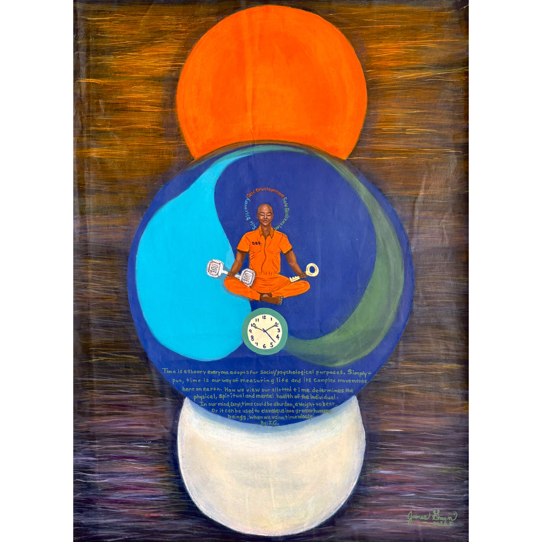 prisoner figure in orange blue and white circles with text and clock on textured wood grain background mixed media 