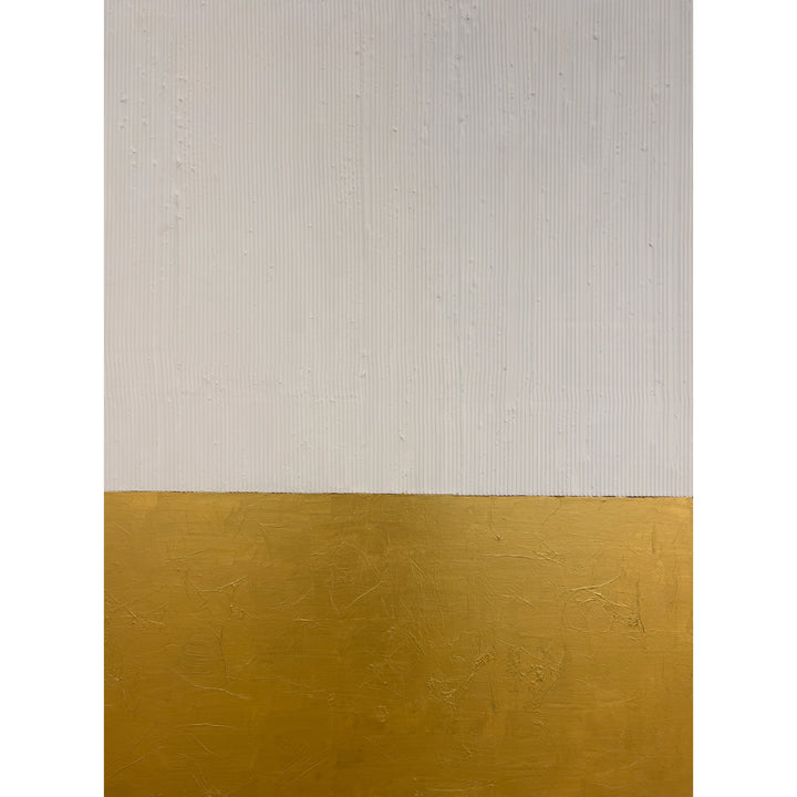 Tone Down by Lee in Cerulean. Split painting of white textured molding paste, and matte gold abstract brush strokes on the bottom.