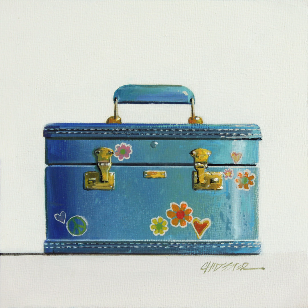 Realistic painting of a vintage blue train case with flowers. 6"X6" oil on canvas. Minimalist off white and grey background.