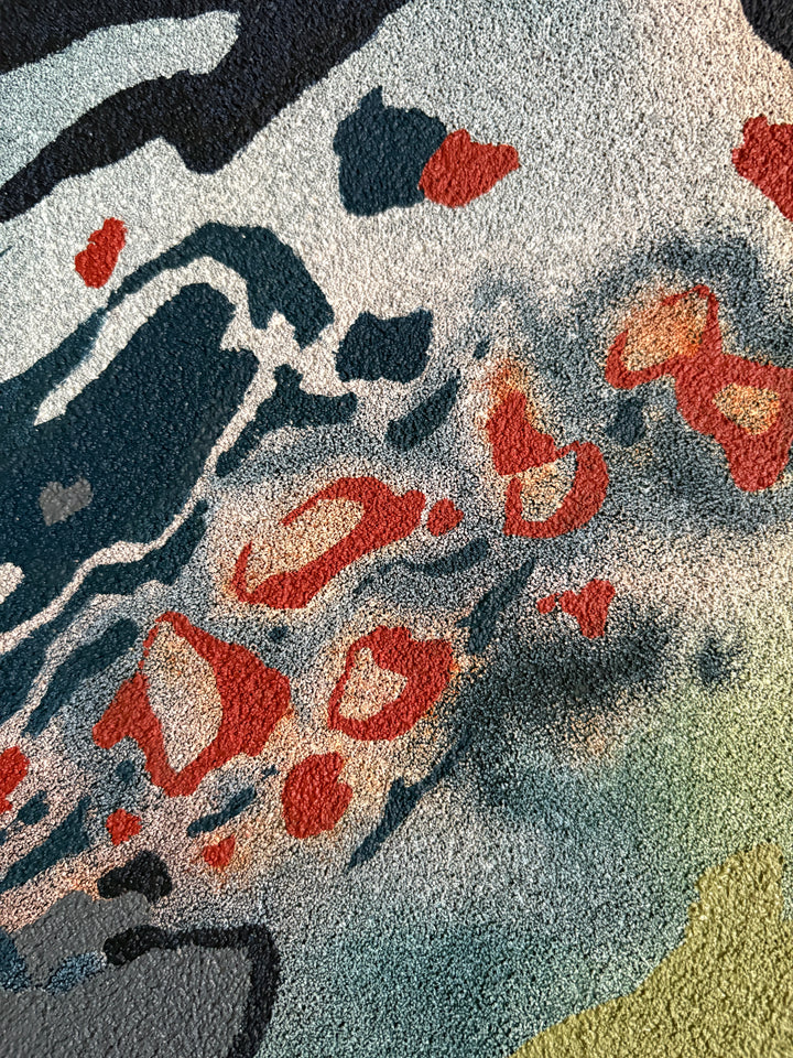 Organic pumice primed canvas painting in oil natural shapes textures abstracted negative space line weight gradient of color blues greens and red orange circular orbs 
