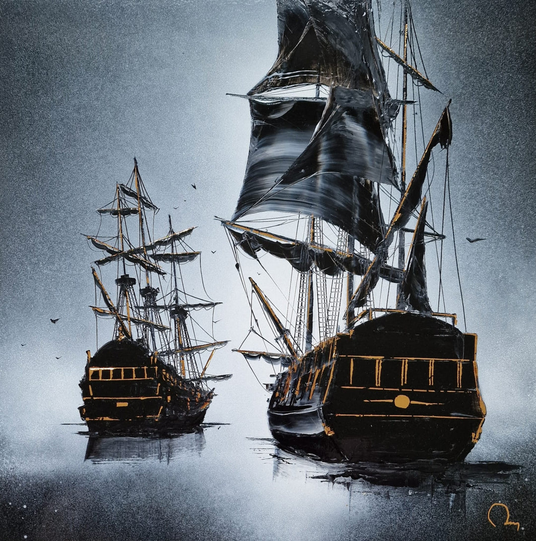 Two elaborate sail boats traveling away from the viewer. Painted in black and white Chinese lacquer and gold leaf by Julien Rey.