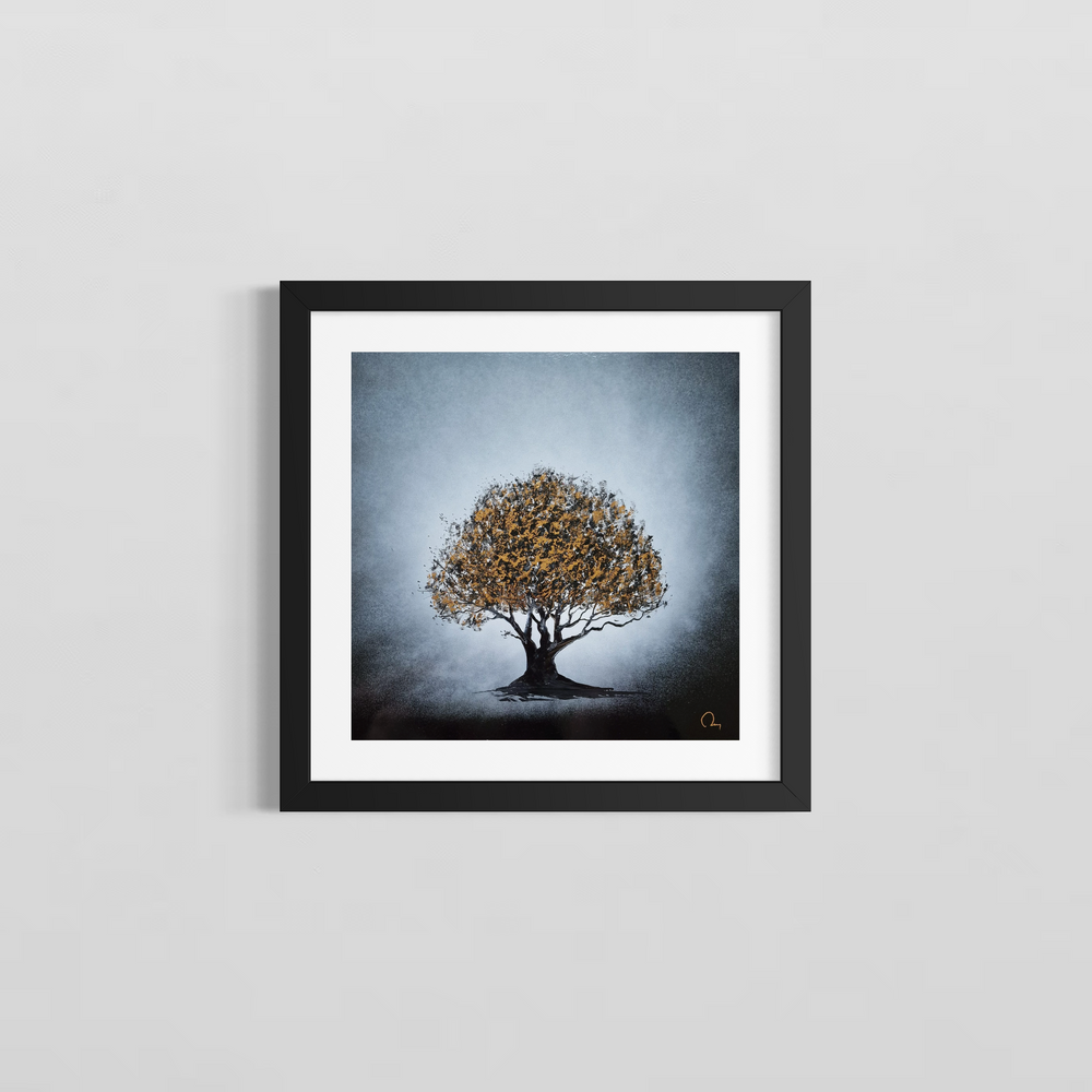 Tree of Life" by French artist Julien Rey — a mixed-media painting of a solitary ancient tree crafted with Chinese lacquer and gold leaf on board. A magnificent, full-canopied tree with richly textured gold leaf foliage and gnarled black lacquer branches rises from dark earth against a luminous silver-gray atmospheric background. A timeless symbol of strength, growth, and resilience. Original contemporary Tree of Life painting available at Morton Contemporary gallery.