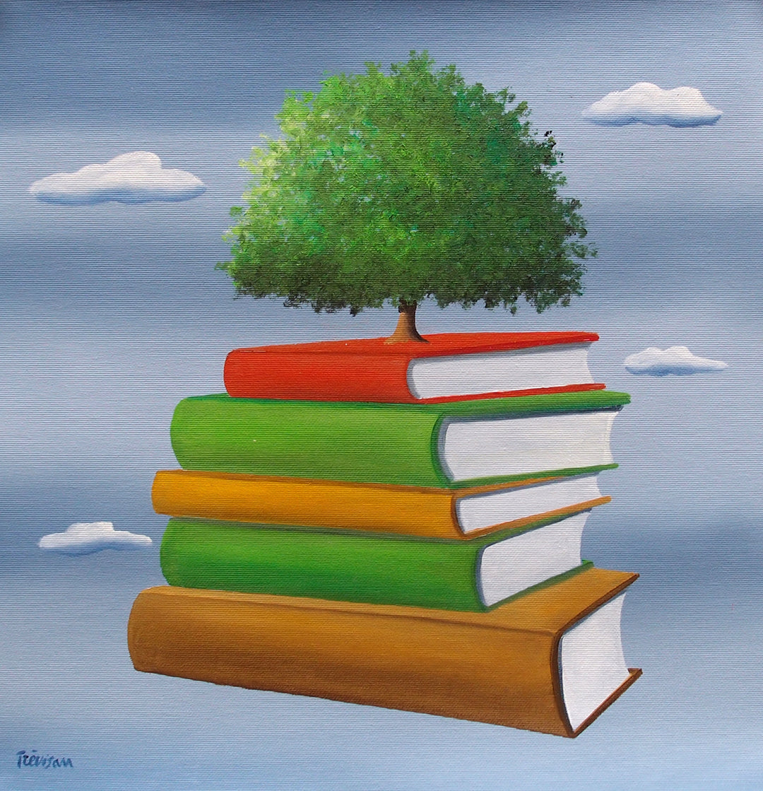 "Tree of Wisdom" by Italian artist Carlo Trevisan — a surrealist oil painting on canvas depicting a lush green tree growing from a floating stack of colorful books in red, green, yellow, and brown against a Magritte-inspired cloudy blue sky. The uplifting composition celebrates knowledge, education, and the organic growth of wisdom. Original contemporary surrealist education tree of knowledge painting on canvas available at Morton Contemporary gallery.