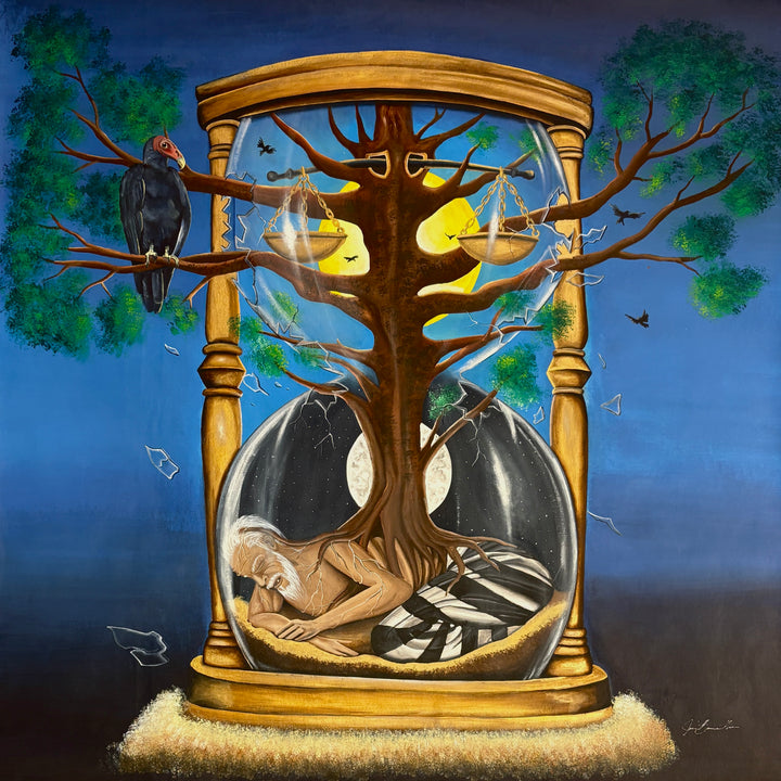 hour glass with old man inside figure and tree growing out time vulture bird on blue background acrylic paint surrealism