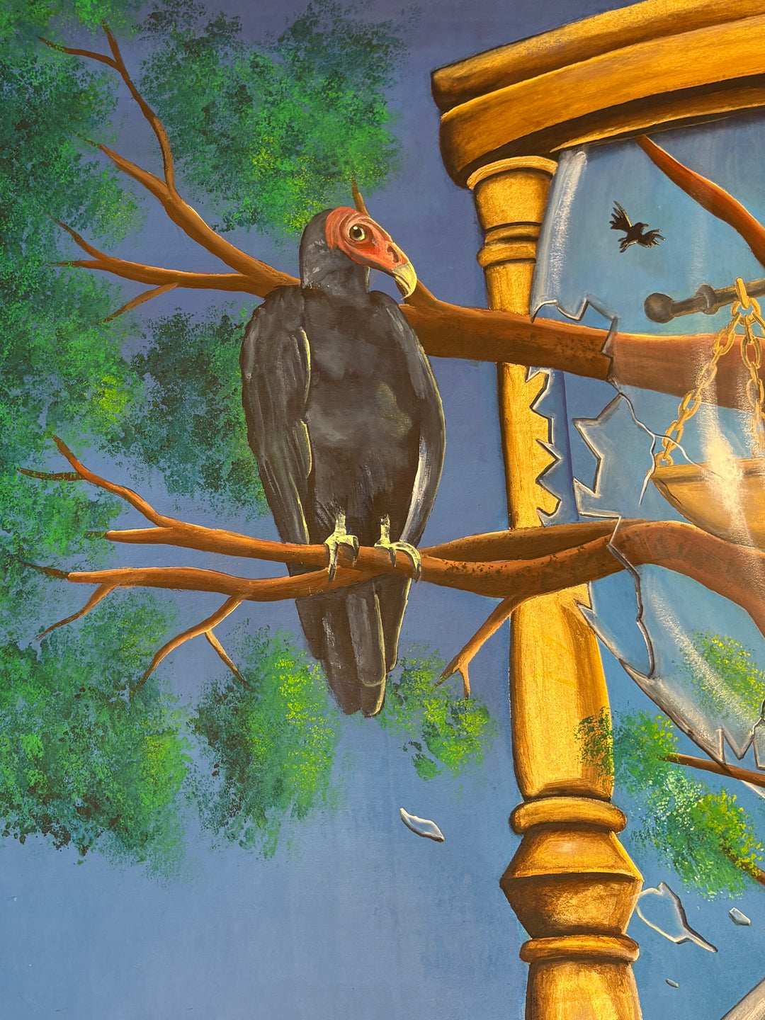 hour glass with old man inside figure and tree growing out time vulture bird on blue background acrylic paint surrealism