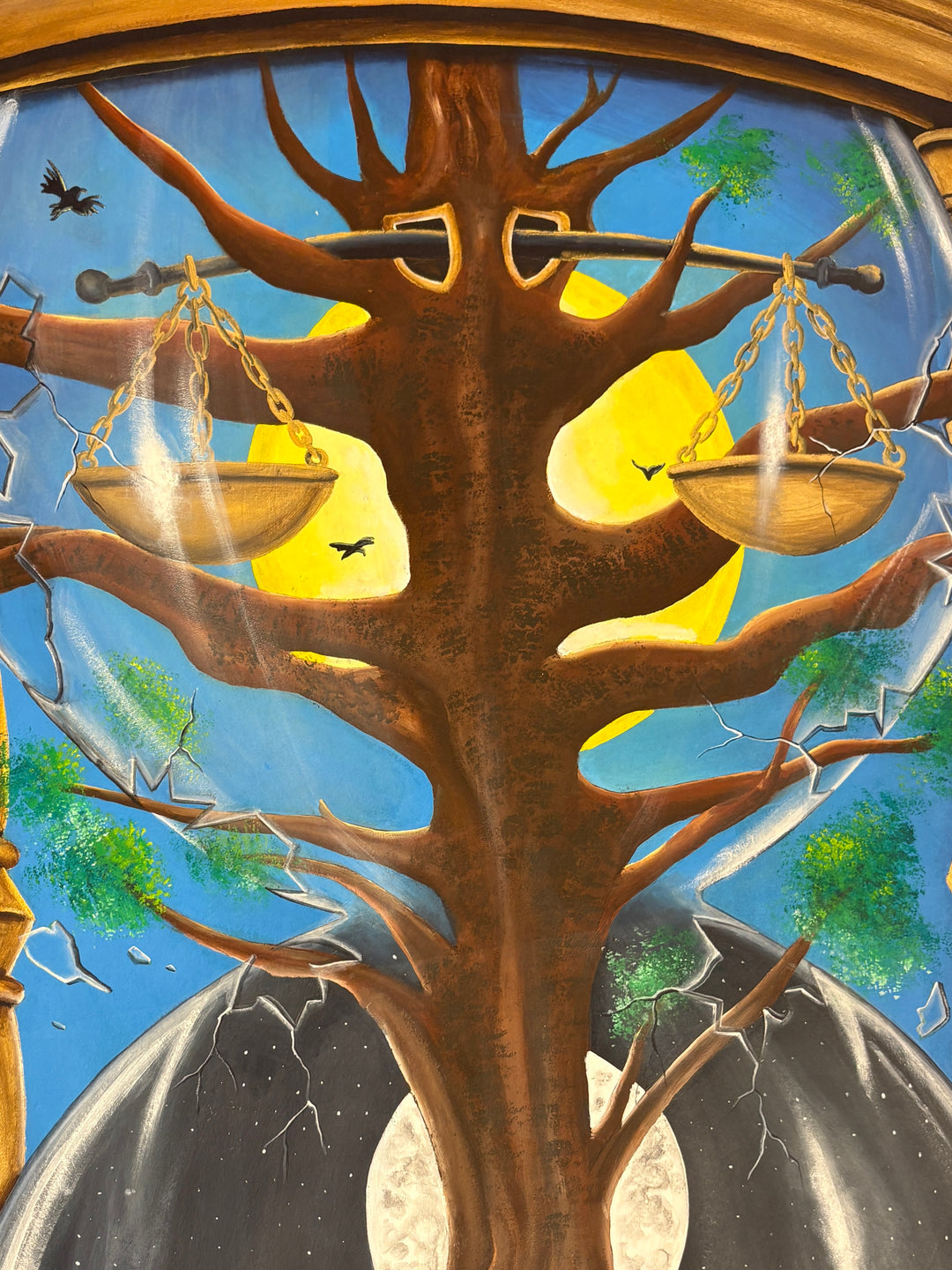hour glass with old man inside figure and tree growing out time vulture bird on blue background acrylic paint surrealism