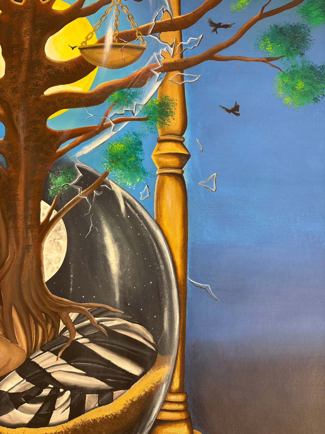 hour glass with old man inside figure and tree growing out time vulture bird on blue background acrylic paint surrealism